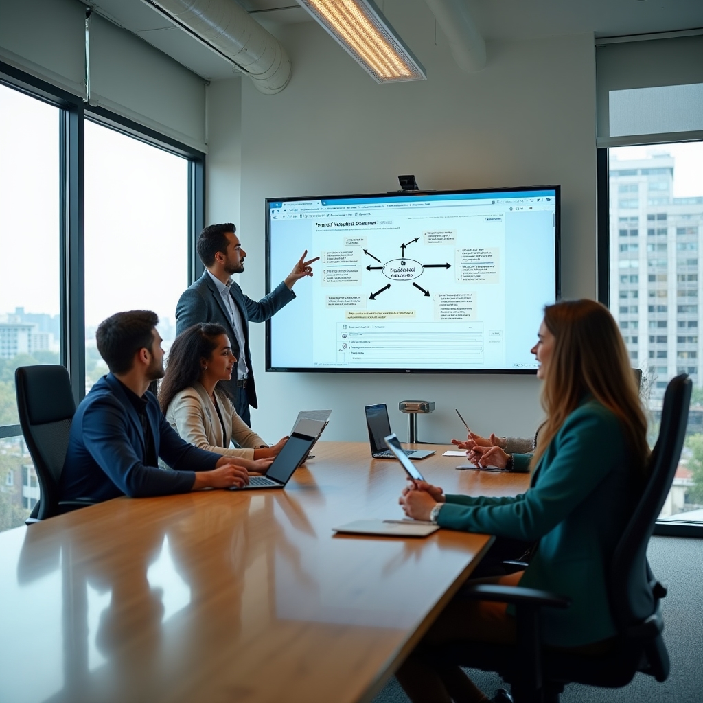 Team che discute il flusso di elaborazione paghe in sala riunioni